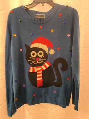 Karen Scott Blue Holiday Cat Sweater with Red and White Accents